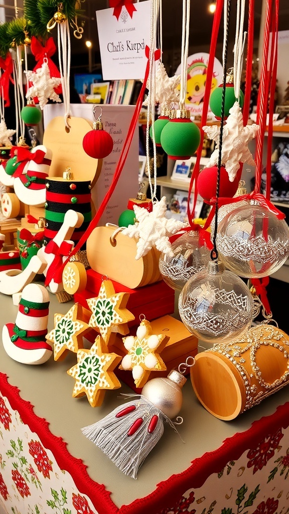 Handmade Christmas Ornaments for Craft Fairs A variety of handmade Christmas ornaments displayed at a craft fair, featuring wooden, felt, and glass designs.